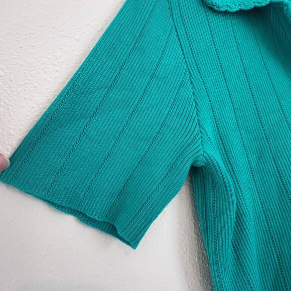 Adrianna Papell Rib Cable Short Sleeve Collar Sweater, Green, Size Medium - Picture 5 of 8